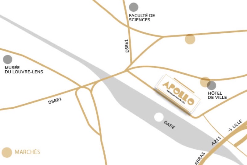 Plan du quartier : la résidence Apollo face à la gare, l’hôtel de ville, la faculté des sciences et le Louvre-Lens